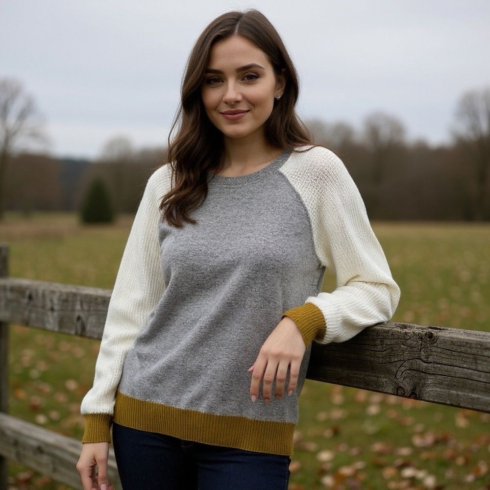 MADEWELL Crewneck Colorblock Gray Textured Waffle Knit Sweater Sz M